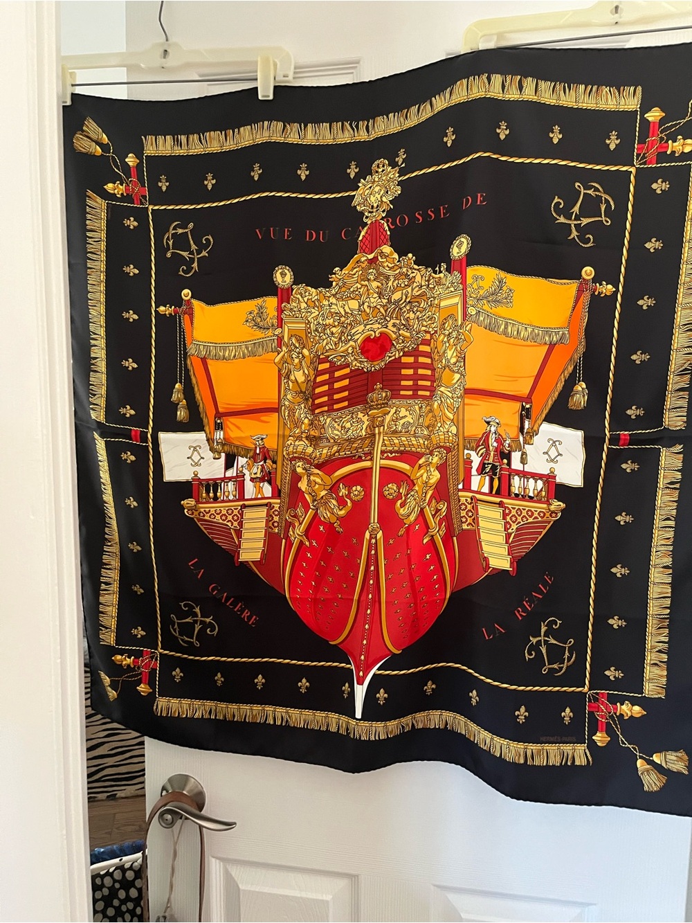 Vintage Hermes “La Reale” Black, Red & Gold Silk Scarf with Ornate ship Motif